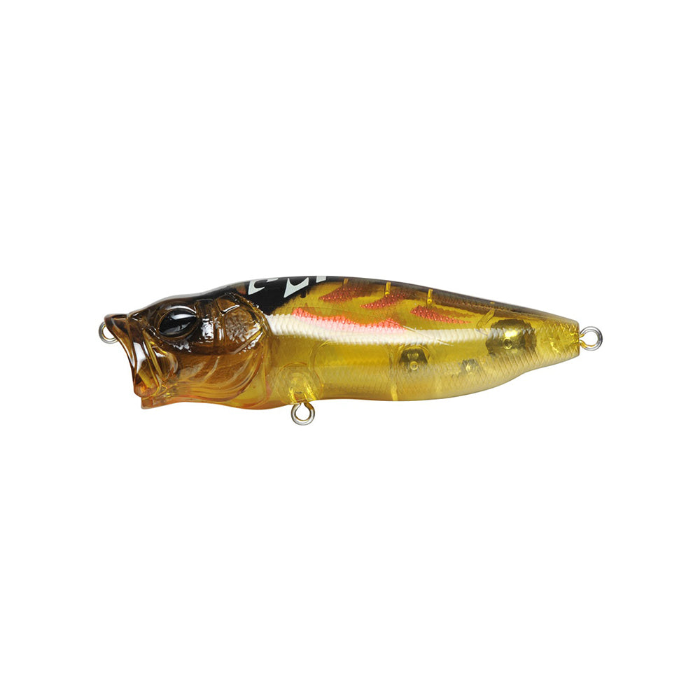 The Megabass PopMax by Megabass is a golden-brown, fish-shaped topwater lure with black markings, a clear tail, three metal rings, and a unique gill system, shown on a plain white background.