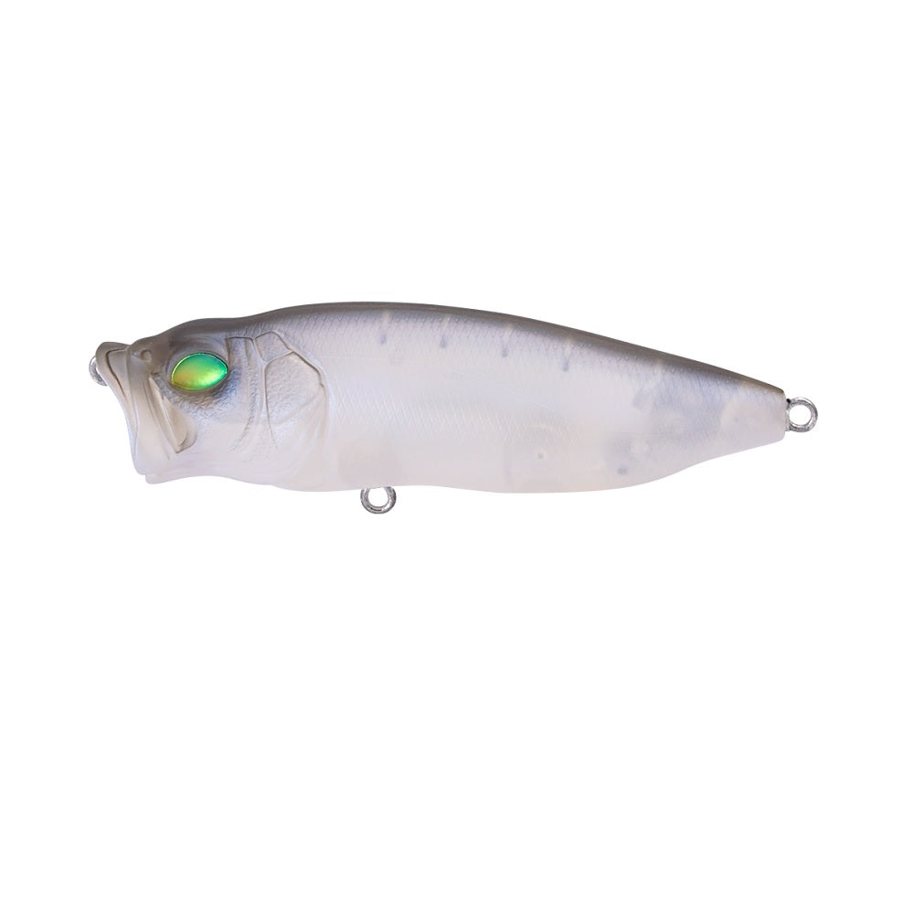 The Megabass PopMax by Megabass is a white, fish-shaped topwater lure featuring a large mouth, iridescent eyes, and two metal rings for line and hook attachment.