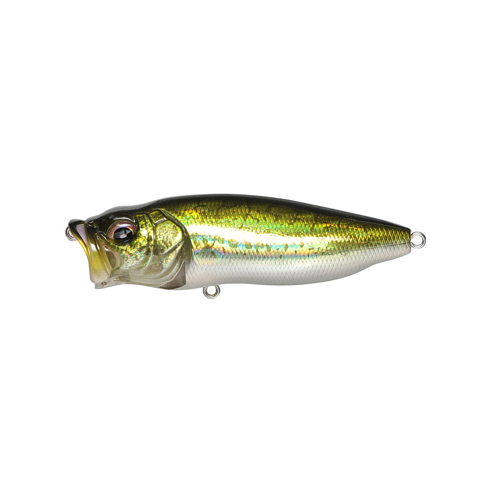 The Megabass PopMax by Megabass is a metallic green and silver topwater lure with a realistic fish design, large eyes, hollow mouth, and attachment rings on the mouth and tail for easy rigging.