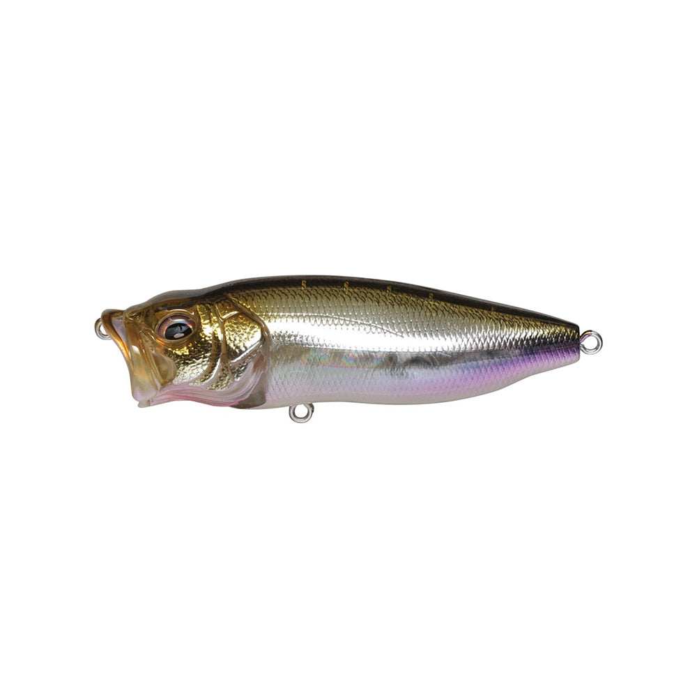 The Megabass PopMax by Megabass is a shiny, fish-shaped lure with lifelike eyes, a large mouth, realistic gill system, and gold, silver, and iridescent finish. It includes attachment rings for easy use.