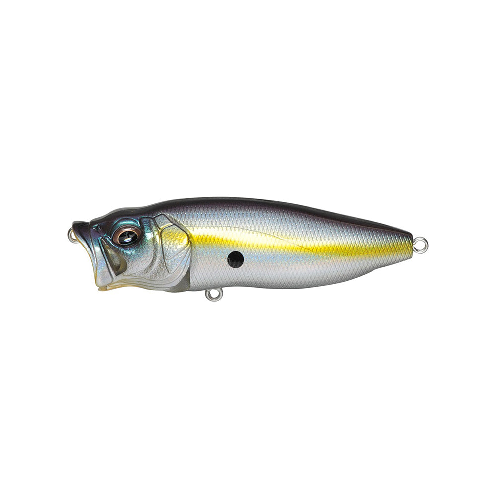 The Megabass PopMax by Megabass is a realistic topwater lure with a silver body, yellow stripe, large eyes, and a hollow mouth. It has attachment rings at the mouth and tail for secure rigging.