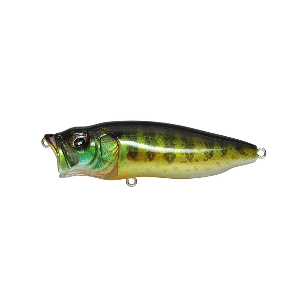 A lifelike topwater lure from Megabass, the PopMax features green, yellow, and brown fish-like markings, a large mouth, attachment rings at both ends, and Megabass’s signature gill system.