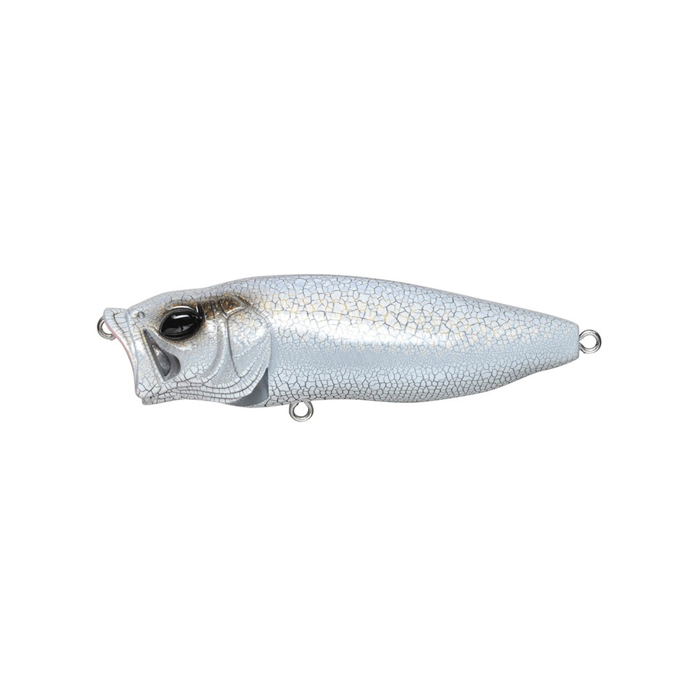 The Megabass PopMax by Megabass is a silver, fish-shaped topwater lure with a cracked pattern, large black eye, metal mouth and tail loops, inspired by the lure’s advanced gill system.