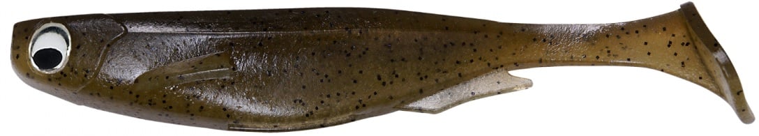 The Megabass Spark Shad Swimbait resembles a brown and black speckled fish lure, featuring a pointed tail for high-frequency vibrations and a large, cartoonish eye for a realistic design.