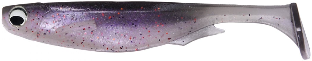 The Megabass Spark Shad Swimbait is a fish-shaped soft plastic lure with high-frequency vibrations, featuring a gradient from dark purple to translucent gray and speckled with red and black. It includes an oversized eye and paddle tail for enhanced movement in the water.