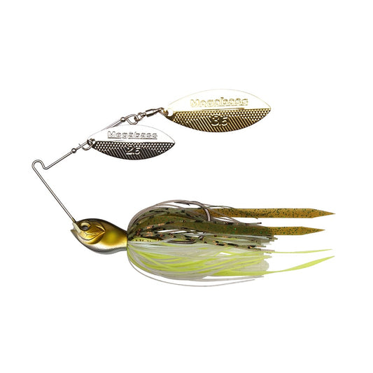 The Megabass SV-3 Double Willow Spinnerbait from Megabass features two metallic spinner blades and a multi-colored skirt in green and yellow hues, crafted to resemble a small prey fish.