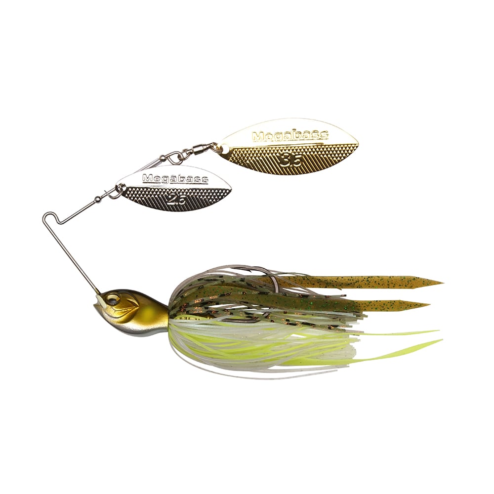 The Megabass SV-3 Double Willow Spinnerbait features a fish-shaped head, two engraved metal blades, and greenish-brown and yellow rubber strands for an enticing motion in water.
