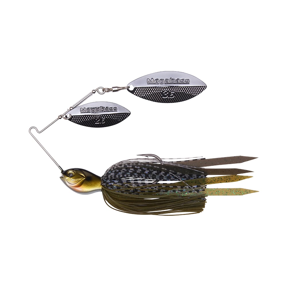 The Megabass SV-3 Double Willow Spinnerbait by Megabass boasts a fish-shaped head with two metallic willow blades and a green speckled skirt, designed to mimic a fish's motion, making it an enticing lure for successful angling.