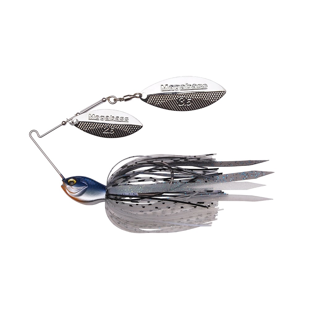 The Megabass SV-3 Double Willow Spinnerbait by Megabass features a blue and silver design with a fish-shaped head, fringed skirt, and a wire arm displaying two "Megabass" engraved metallic blades with "3/8," exemplifying its precision craftsmanship.
