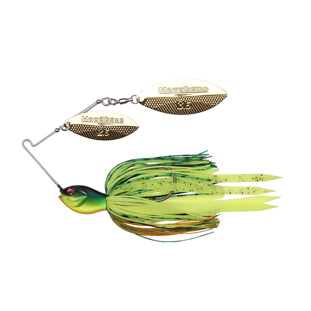 The Megabass SV-3 Double Willow Spinnerbait, a vibrant lure with green/yellow streamers, features two gold spinner blades engraved with "Megabass" and "3/8." Ideal for anglers seeking high performance.