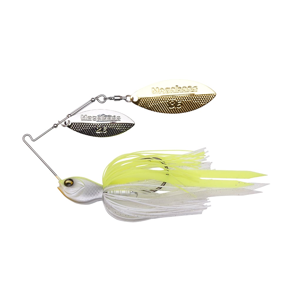 The Megabass SV-3 Double Willow Spinnerbait features two "Megabass"-inscribed metal blades with a fish design and a vibrant white-and-yellow skirt for underwater allure.