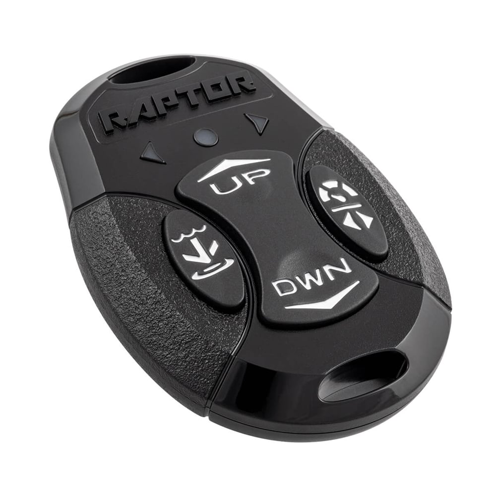 The black Minn Kota remote control, featuring UP, DWN, and arrow buttons plus a keyring hole, is designed for use with the Minn Kota Raptor Shallow Water Anchor with Active Anchoring.