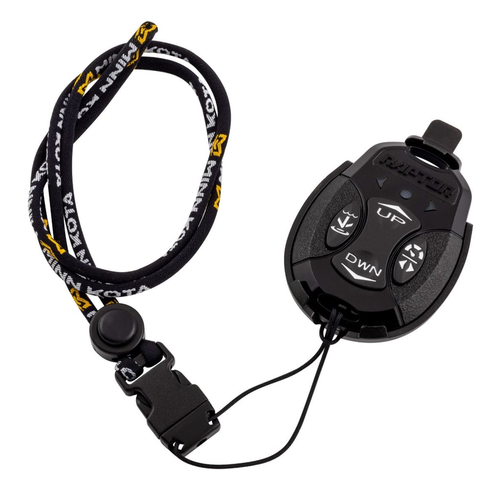 A black handheld remote with “UP” and “DWN” buttons, attached to a black and yellow lanyard and safety clip, designed for Minn Kota Raptor Shallow Water Anchor with Active Anchoring by Minn Kota.