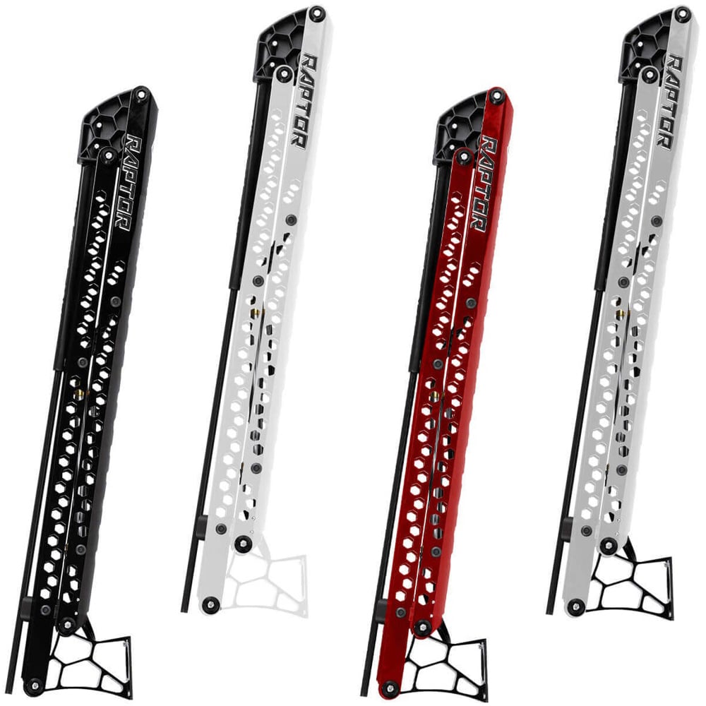 Four folding bipods in black, white, red, and silver feature a perforated design and adjustable foot—ideal for fans of active anchoring inspired by the Minn Kota Raptor Shallow Water Anchor with Active Anchoring.