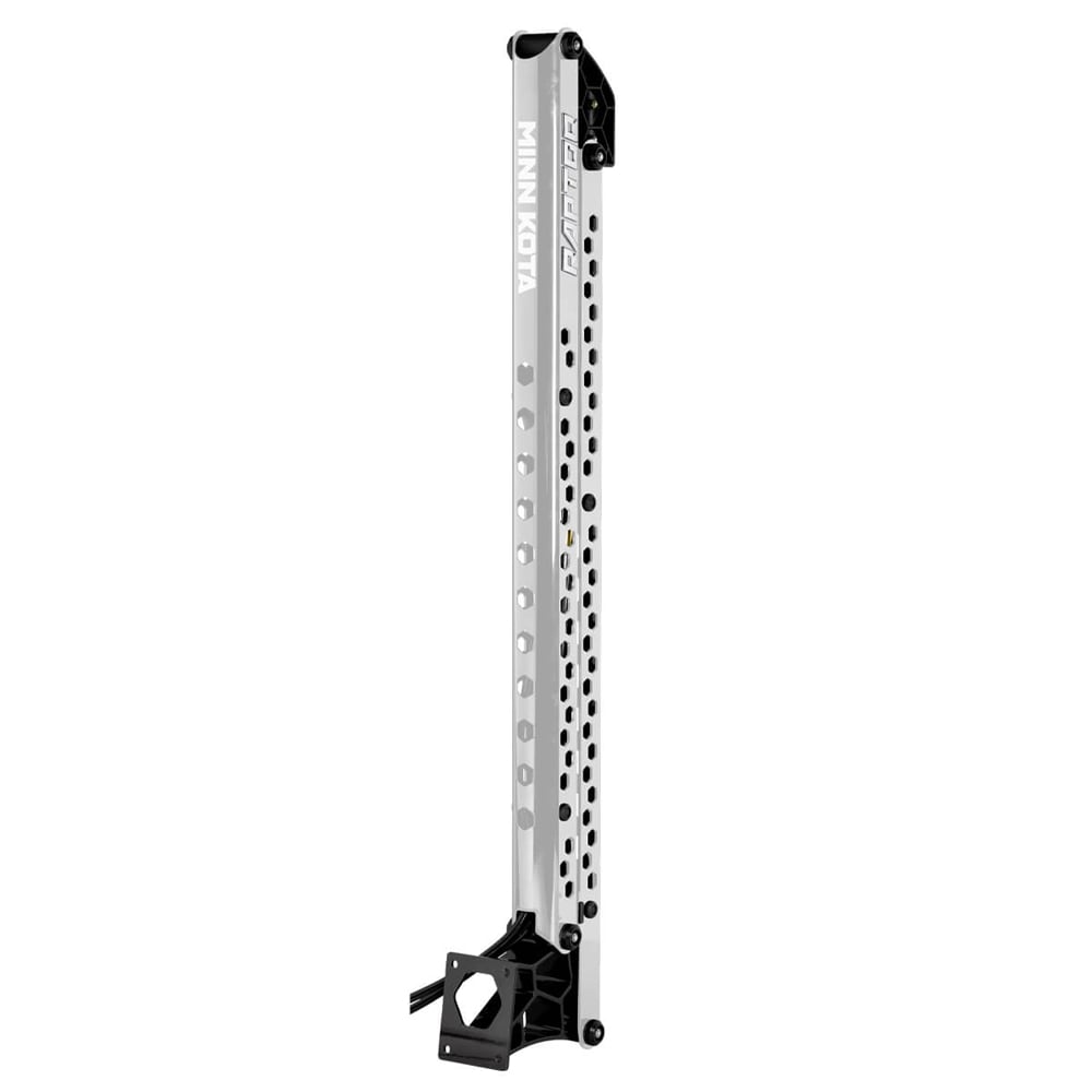 A Minn Kota Raptor Shallow Water Anchor with Active Anchoring by Minn Kota features a silver pole with multiple holes and a black mount, standing vertically against a white background.