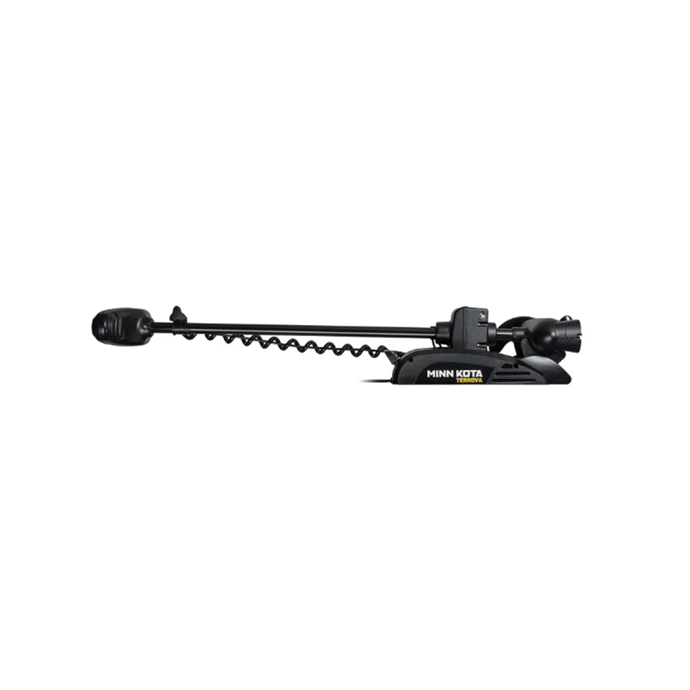 The Minn Kota Terrova Trolling Motor by Minn Kota, shown in black with a coiled shaft from the side on a white background, features the Spot-Lock GPS trolling system for precise boat positioning.