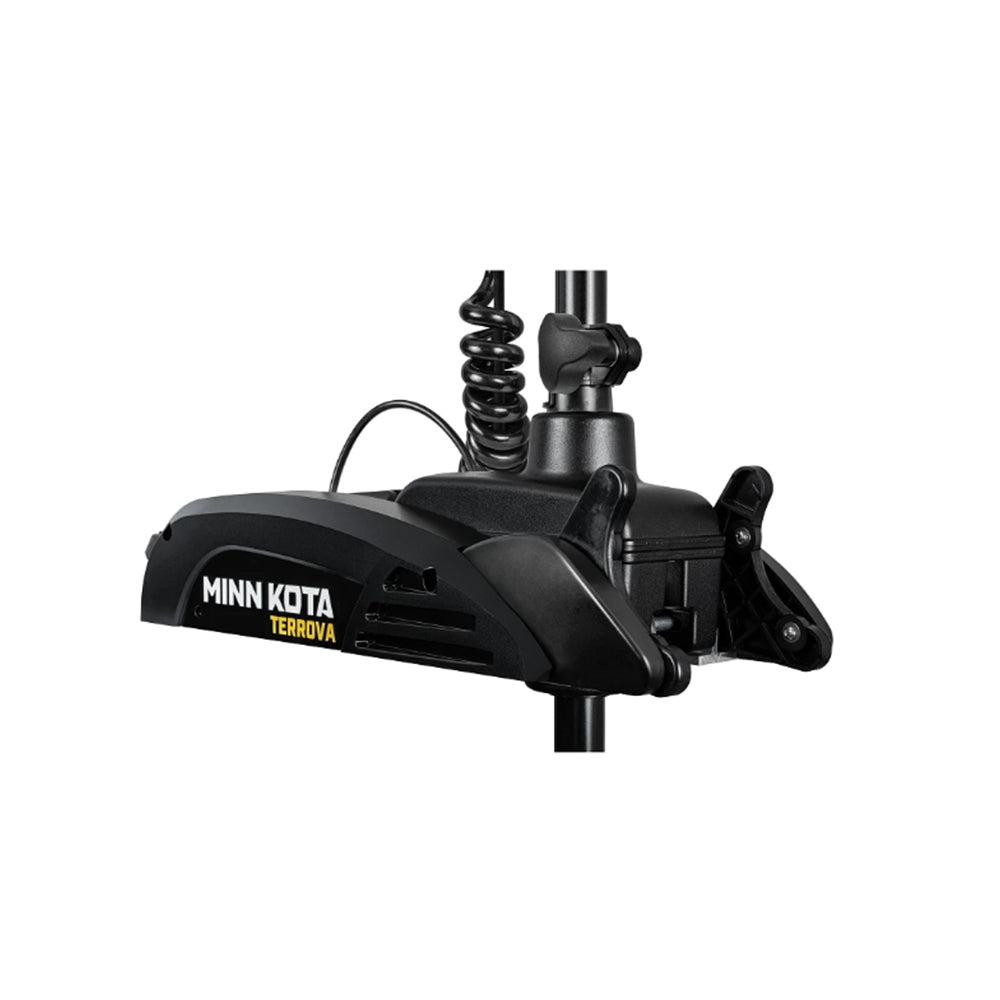 Close-up of a Minn Kota Terrova Trolling Motor by Minn Kota, featuring GPS and Spot-Lock, mounted on a shaft with a coiled cable, shown isolated on a white background.