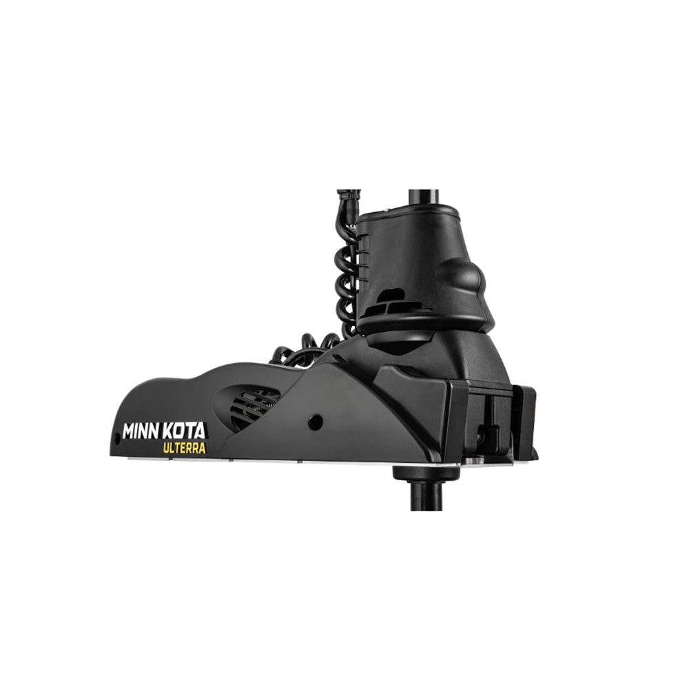 Close-up of a Minn Kota Ulterra Trolling Motor head in black with Power Trim, featuring a coiled cable and Minn Kota branding on the side, set against a plain white background.