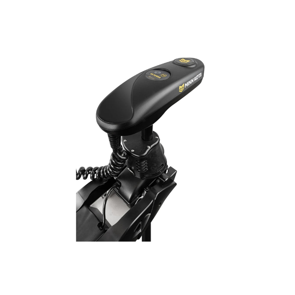 Close-up of a black Minn Kota Ulterra Trolling Motor control head featuring Power Trim, with a coiled cable attached and mounted on a metal base.