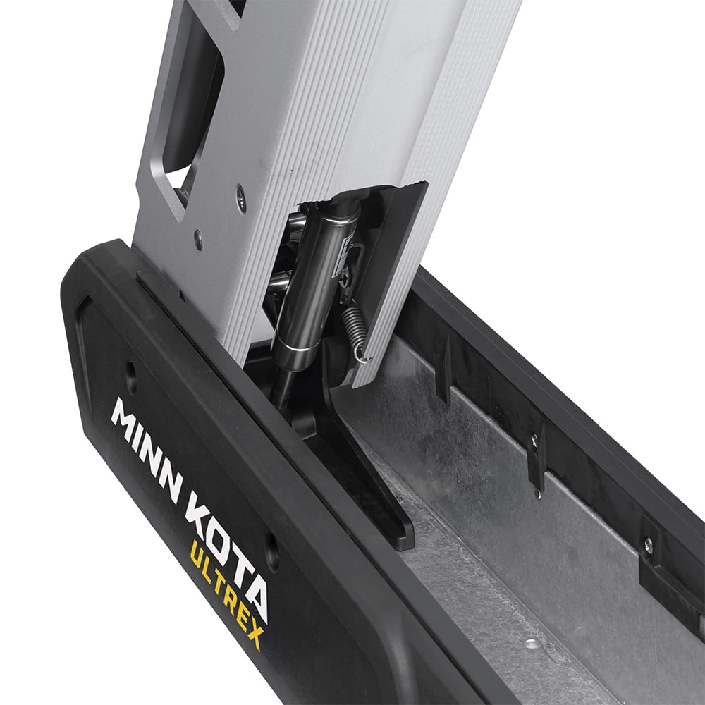 Close-up of a Minn Kota Ultrex Trolling Motor, showcasing GPS-powered boat control technology and the Minn Kota brand, with visible mechanical components in a sleek black and silver design.