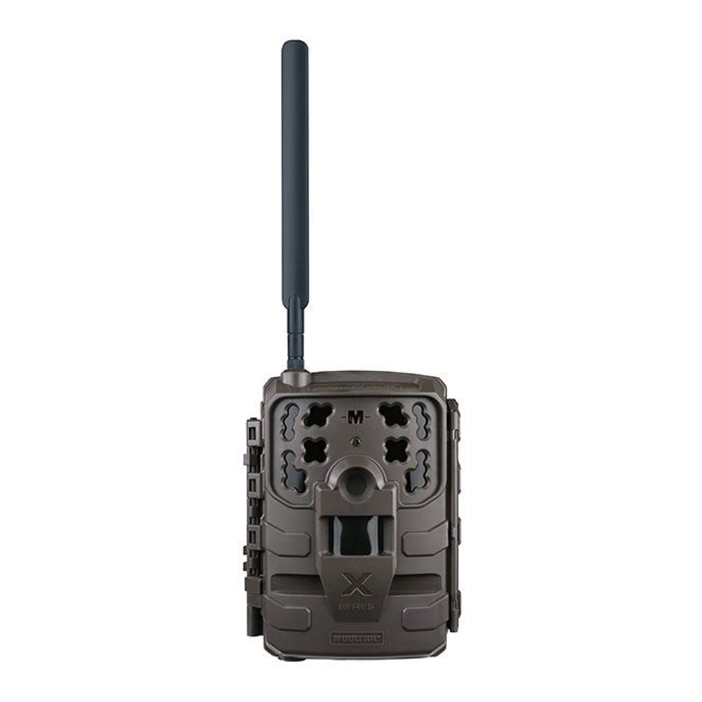 The americanlegacyfishing Moultrie Mobile Delta Cellular Trial Camera Verizon | MCG-13476 captures sharp 32MP images with its brown rectangular design, central lens, multiple sensors, and large black antenna on top.