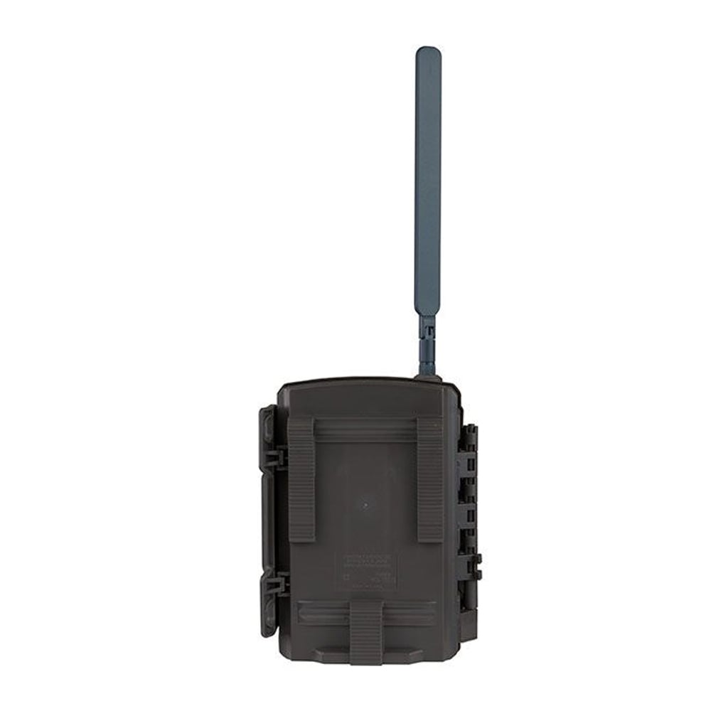 The Moultrie Mobile Delta Cellular Trail Camera Verizon (MCG-13476) by americanlegacyfishing, shown with a long antenna and dark body, supports Verizon 4G and captures sharp 32MP photos against a plain white background.