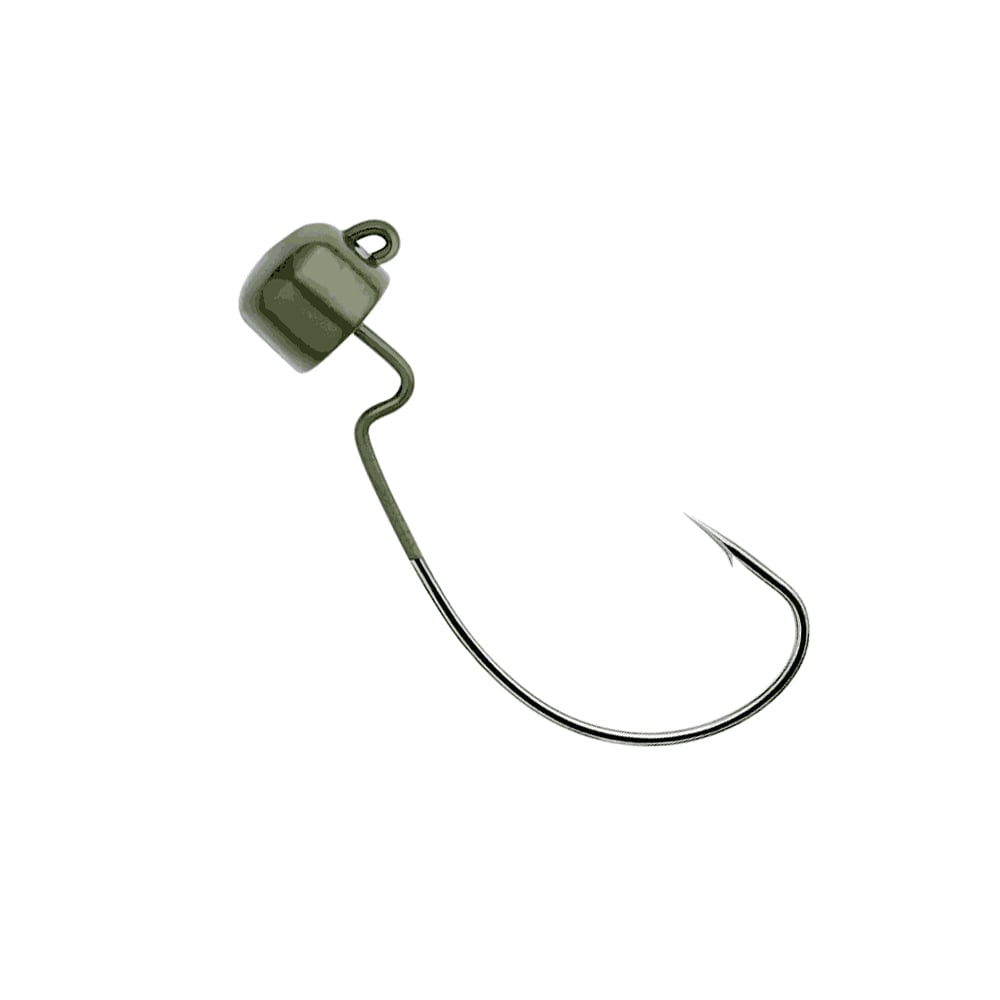 The Owner Block Head Offset Jig Head by Owner features a mushroom-style head, a green cylindrical weight near the eye, and a sharp curved hook for weedless applications, all set against a plain white background.