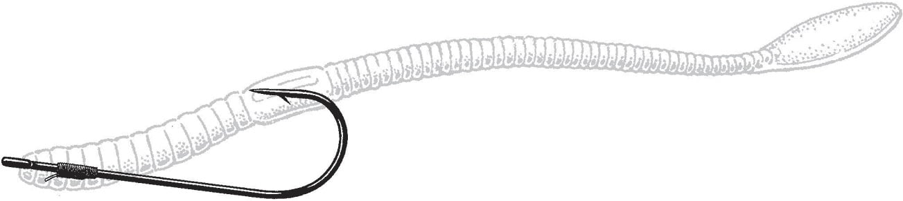 The Owner Cover Shot Hook is expertly threaded through the worm, curving upwards to pierce near its front. The segmented worm tapers to a point, perfectly secured by Owner's Super Needle Point for an effective catch.