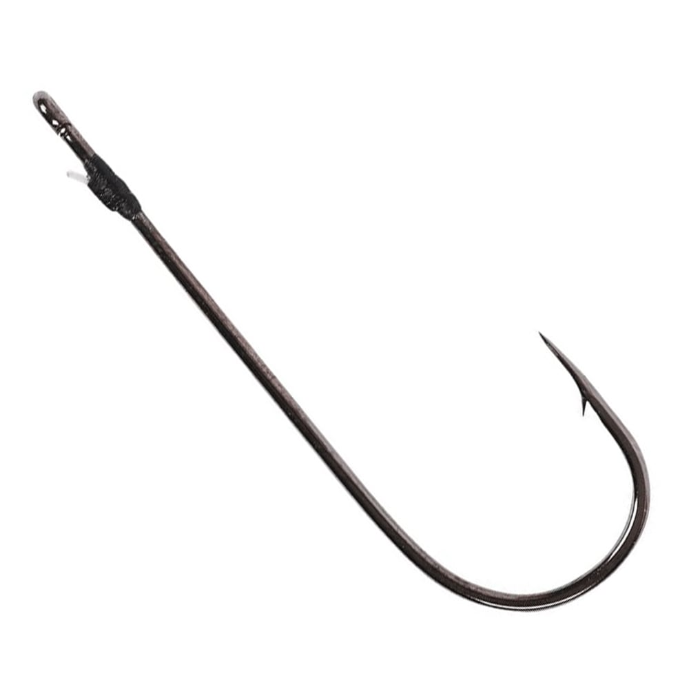 A close-up of a single Owner Cover Shot Hook by Owner on a white background. It has a long shank and sharp, curved point, expertly designed for catching fish.