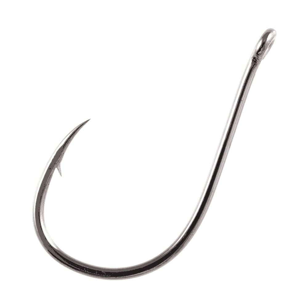 A close-up of a shiny Owner Mosquito Hook by Owner, featuring a sharp point and barb, perfect for wacky wormin' or down shot rigs. The hook is shown isolated on a white background.