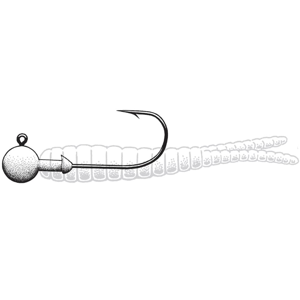 A black and white illustration of an Owner Ultrahead Round Type Jig Head by Owner, featuring a Super Needle Point, positioned over the outline of a segmented soft plastic bait with two tails.