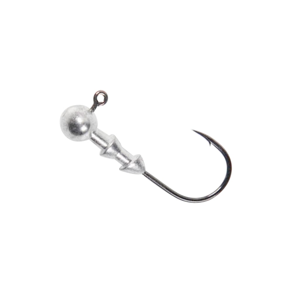 The Owner Ultrahead Football Type Jig features a silver round weighted head, small line tie loop, and sharp Super Needle Point hook—perfect for crawfish baits. Shown on a white background.