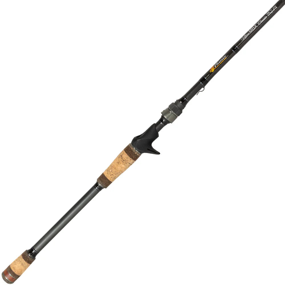 The Phenix Ultra MBX Casting Rod 7'7" Medium Heavy (PHX-UMBXCL-C707MH) features a black and gray design, cork handles, a trigger grip, and Toray T40 Carbon Fiber construction. Shown on a white background.