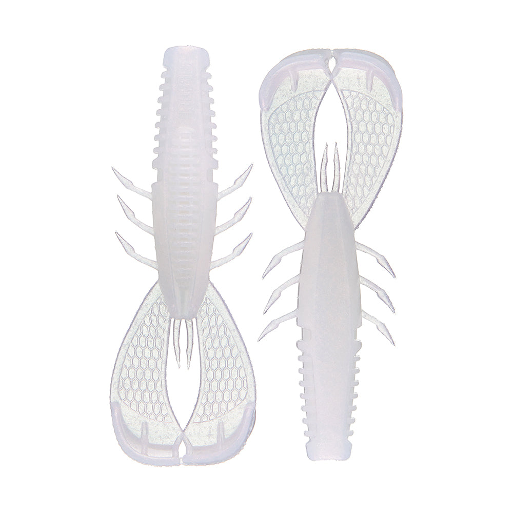 Illustration of two translucent white Rapala Crush City Cleanup Craw lures, featuring a crawfish shape with segmented bodies, detailed claws, and multiple legs. The slightly ribbed texture is ideal for bass fishing. They are shown from different angles.