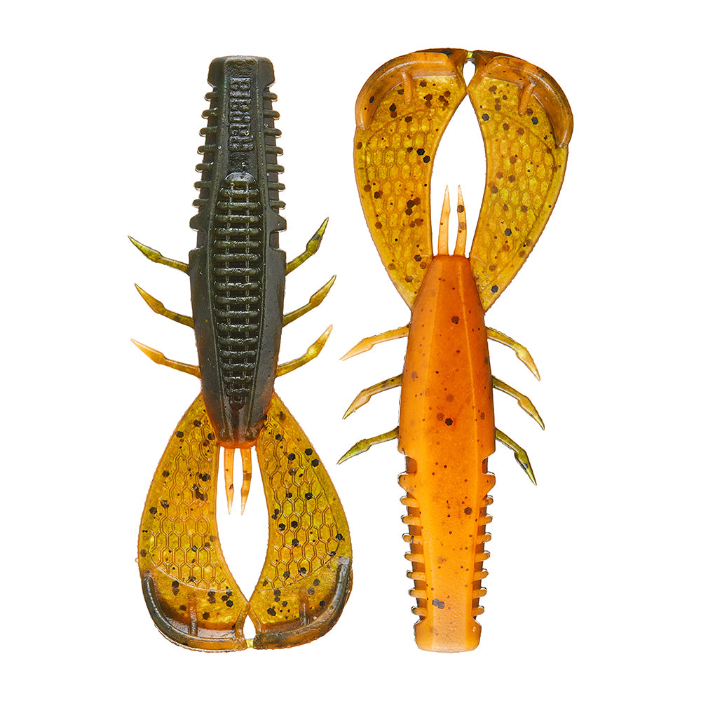 Two vibrant Rapala Crush City Cleanup Craw lures, inspired by Jacob Wheeler, are side by side: the left is green and yellow with black spots, the right is orange with black spots. They both feature detailed segmented bodies, pincers, and legs—ideal for bass fishing.