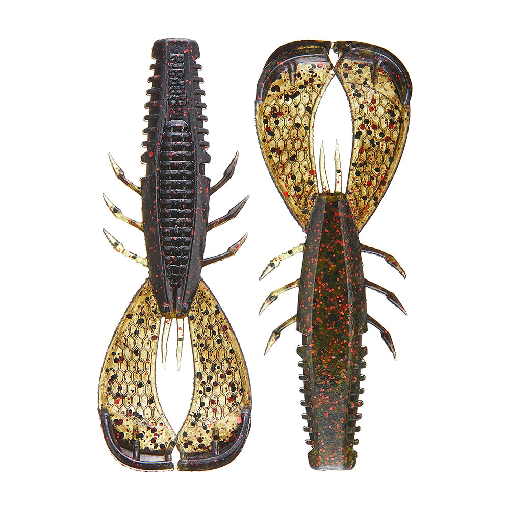 Discover the Rapala Crush City Cleanup Craw, realistic soft-plastic fishing lures for bass. Shaped like crawfish with black bodies, orange highlights, and red-gold flakes, their segmented design and multiple legs offer a lifelike mimic of nature.
