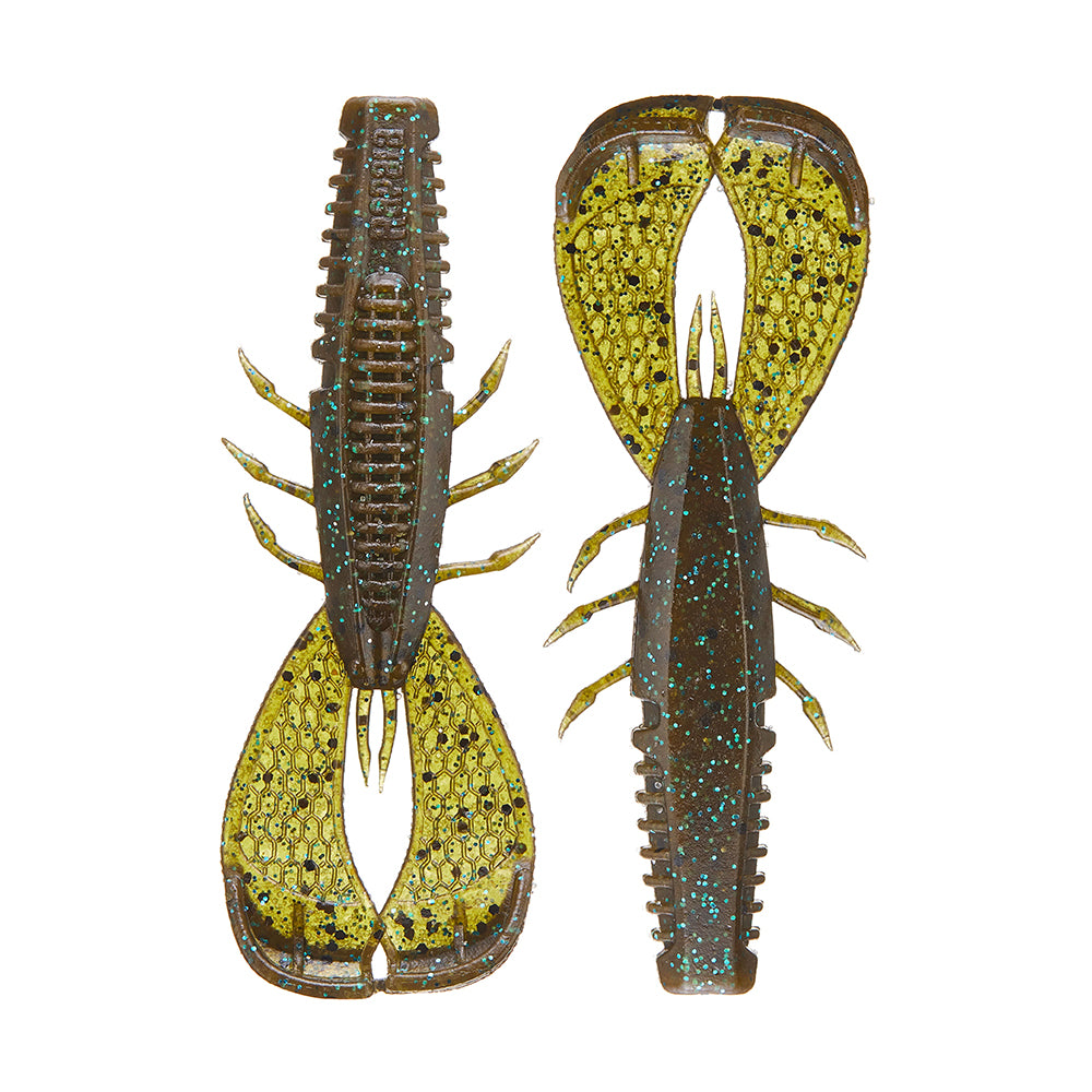 Two identical Rapala Crush City Cleanup Craw lures feature segmented bodies and detailed claws, with mottled green-brown coloring and blue glitter accents, providing the ultimate bass snack inspired by Jacob Wheeler's innovations.