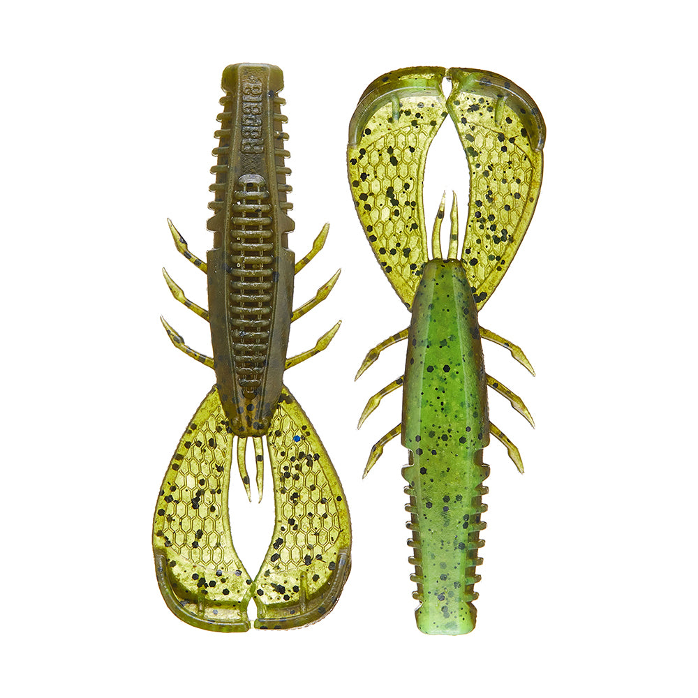 Two Rapala Crush City Cleanup Craw lures, shaped like crawfish and translucent green with black speckles, are shown from different angles. With detailed textures and multiple appendages, these lures make the perfect bass snack for anglers like Jacob Wheeler.