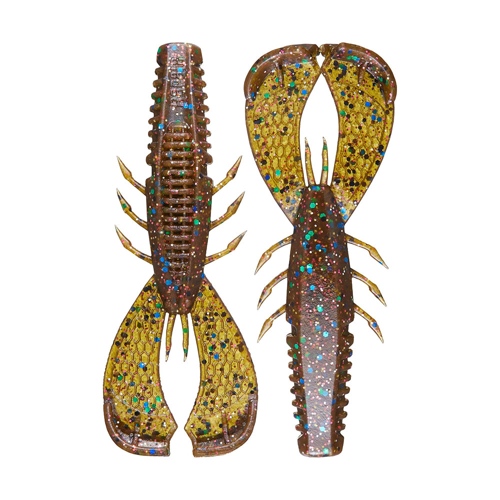 The Rapala Crush City Cleanup Craw, designed with Jacob Wheeler, comes in brown with blue and green glitter specks. This set of two plastic crawfish baits has segmented bodies, multiple legs, and large pincers; perfect as the ultimate bass snack for your fishing adventure.