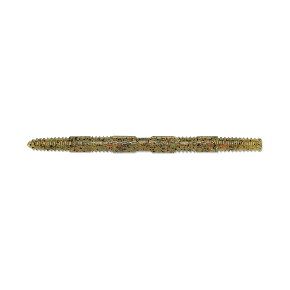 Introducing the Rapala Crush City Pigstick, a textured green fishing lure with small colored specks, crafted to mimic a worm. Its ribbed design and realistic look make it ideal for catching bass, making it an essential tackle box addition for any angler.