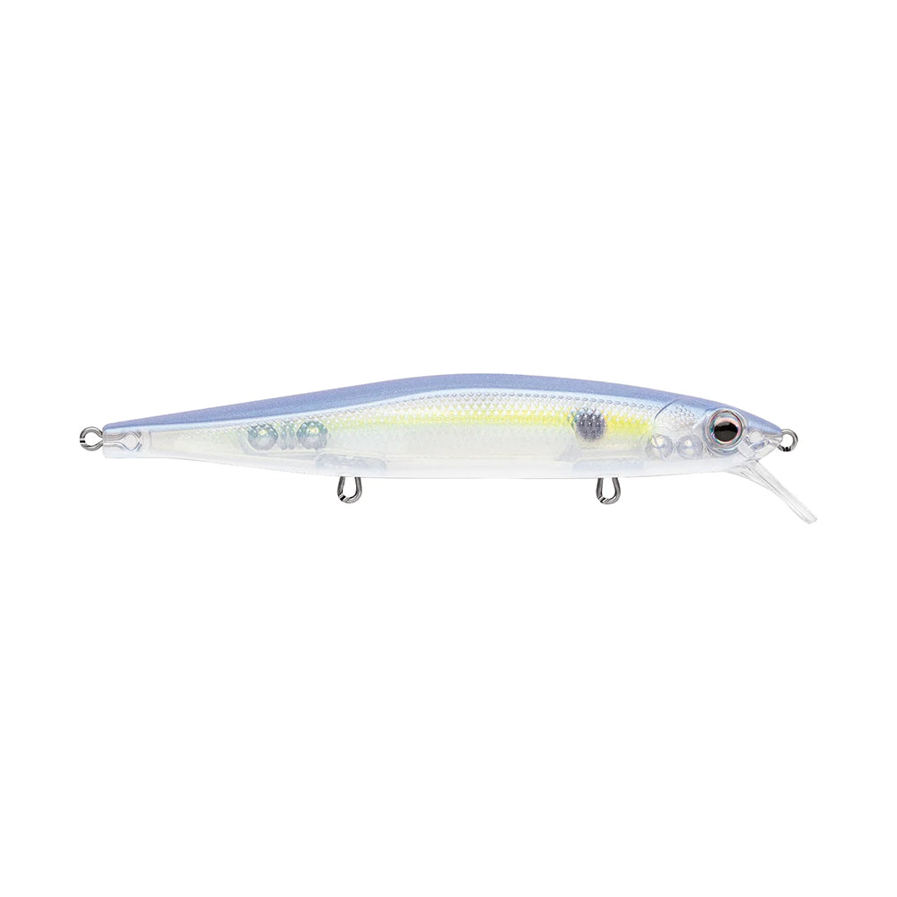 The Rapala PXR Mavrik 110 Jerkbait is a translucent long-cast lure with a blue back, yellow side stripe, silver belly, small lip, lifelike eye, and three attachment points for hooks or line.