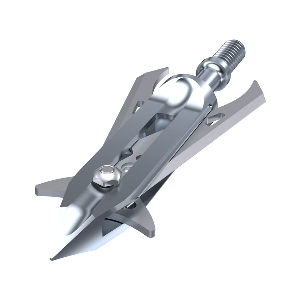A close-up of Ravin Titanium Broadheads | R100, a 100-grain mechanical broadhead by Ravin featuring multiple extended sharp blades, designed for hunting. The product is shown against a plain white background.