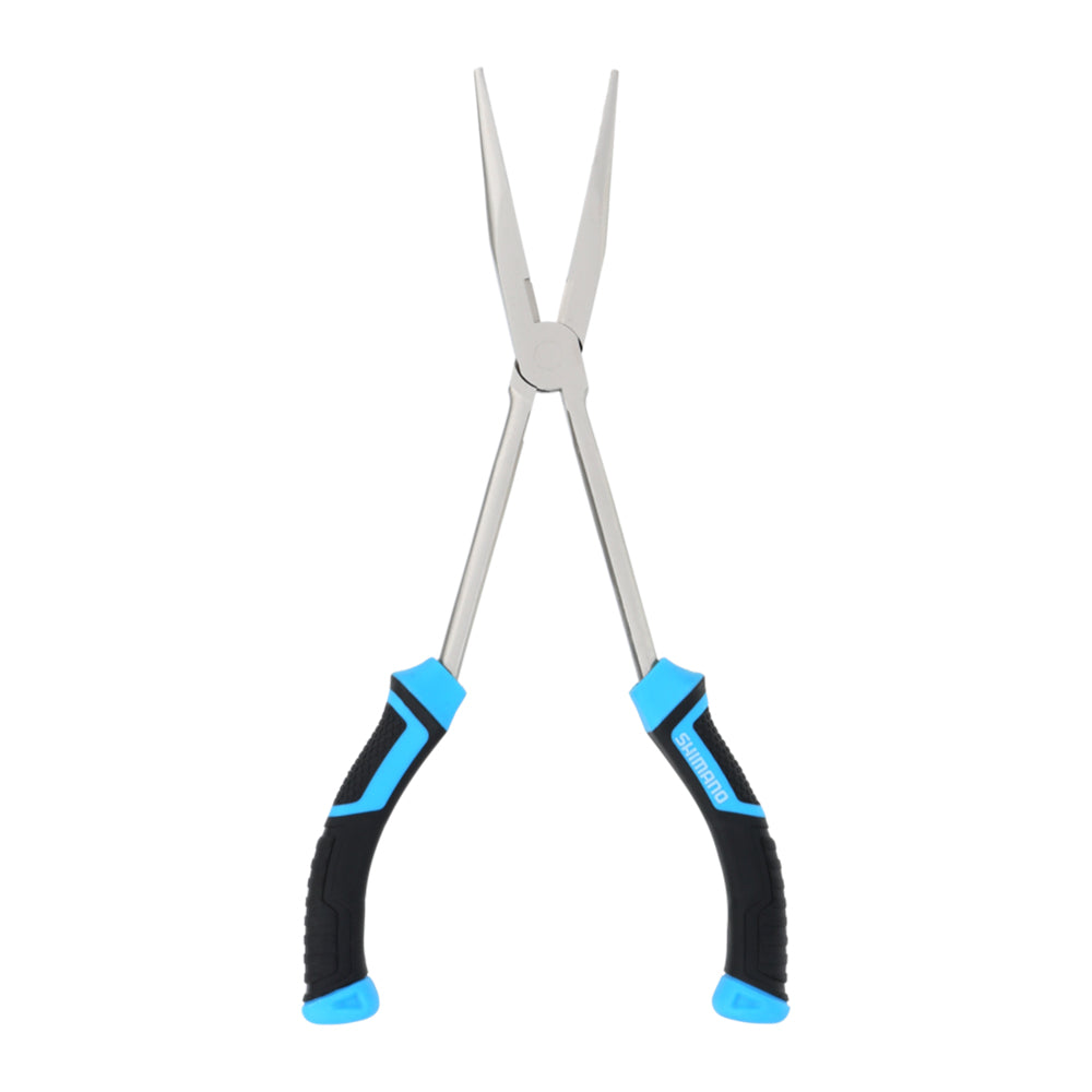 The Shimano Brutas Needle Nose Pliers by American Legacy Fishing feature angled silver jaws and black handles with blue accents, crafted from carbon steel, shown against a white background.