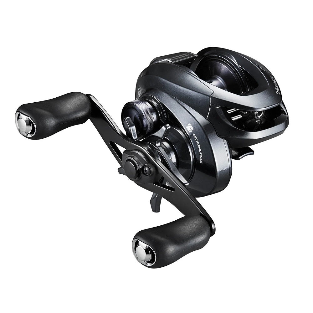 The Shimano Chronarch G CH150XGG 8.1:1 RH Used Casting Reel (Mint Condition) features dual handles and a sleek black design—ideal for our Rod and Reel Trade-In Program or earning store credit. Shown on a white background.