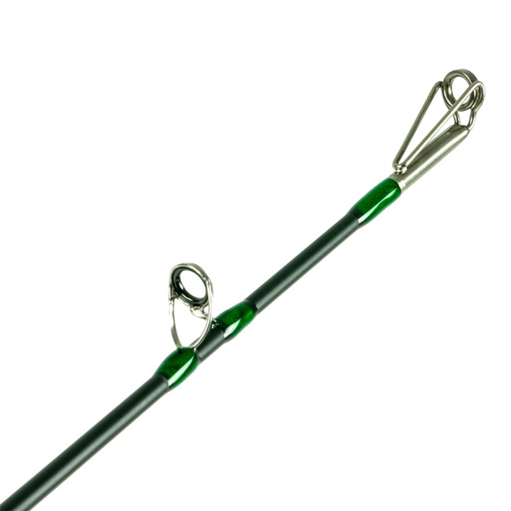 Close-up of the Shimano Compre Muskie Trolling Rod 8'0" Heavy (CPCMTR80HJ) by Shimano, showing durable metal guides and green accents on its sleek black heavy action design.