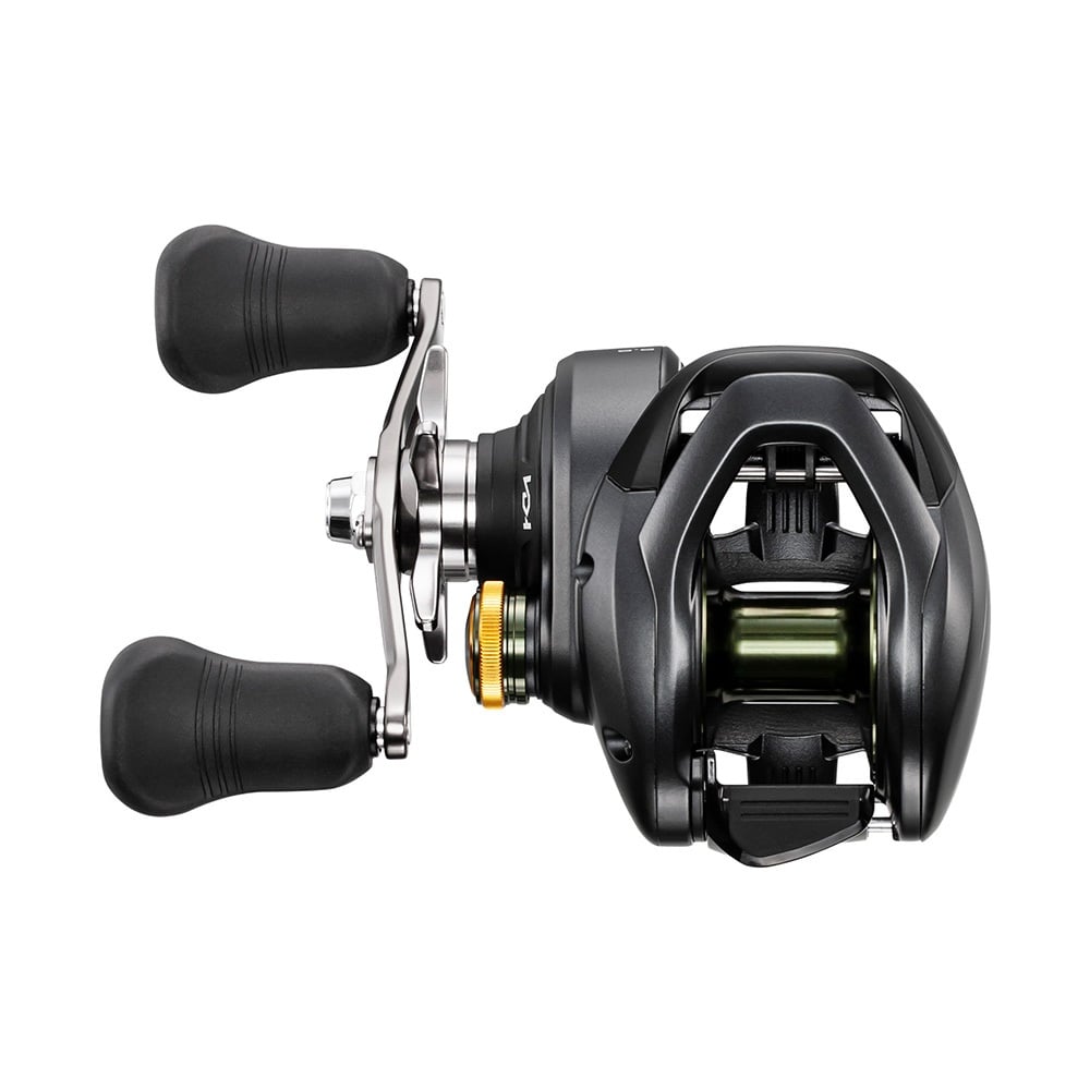 The Shimano Curado 301HGK 6.6:1 Left Hand Casting Reel by Shimano is shown in black and silver with two ergonomic handles, a gold accent near the handle, and a visible internal spool against a white background.