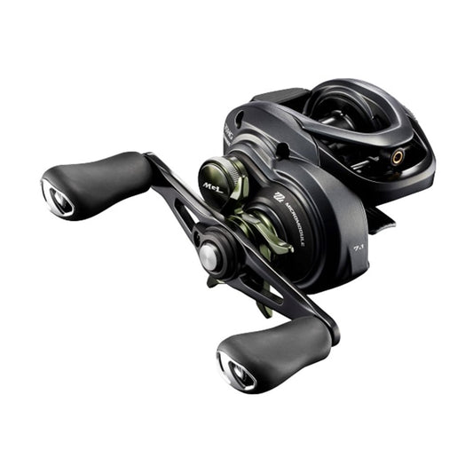 The Shimano Curado MGL 70HG 7.4:1 Casting Reel (CUMGL70HGK) features a sleek black low-profile design with dual handles, a metallic finish, precision gearing, Cross Carbon Drag, and ergonomic grips for smooth and efficient performance.
