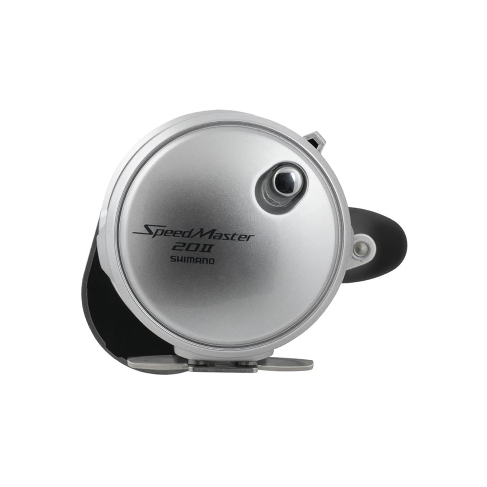 A silver Shimano SpeedMaster 20II 2 Speed Conventional Reel (SPM20II) is shown from the side, displaying the Shimano brand and model name on its round HAGANE metal body.