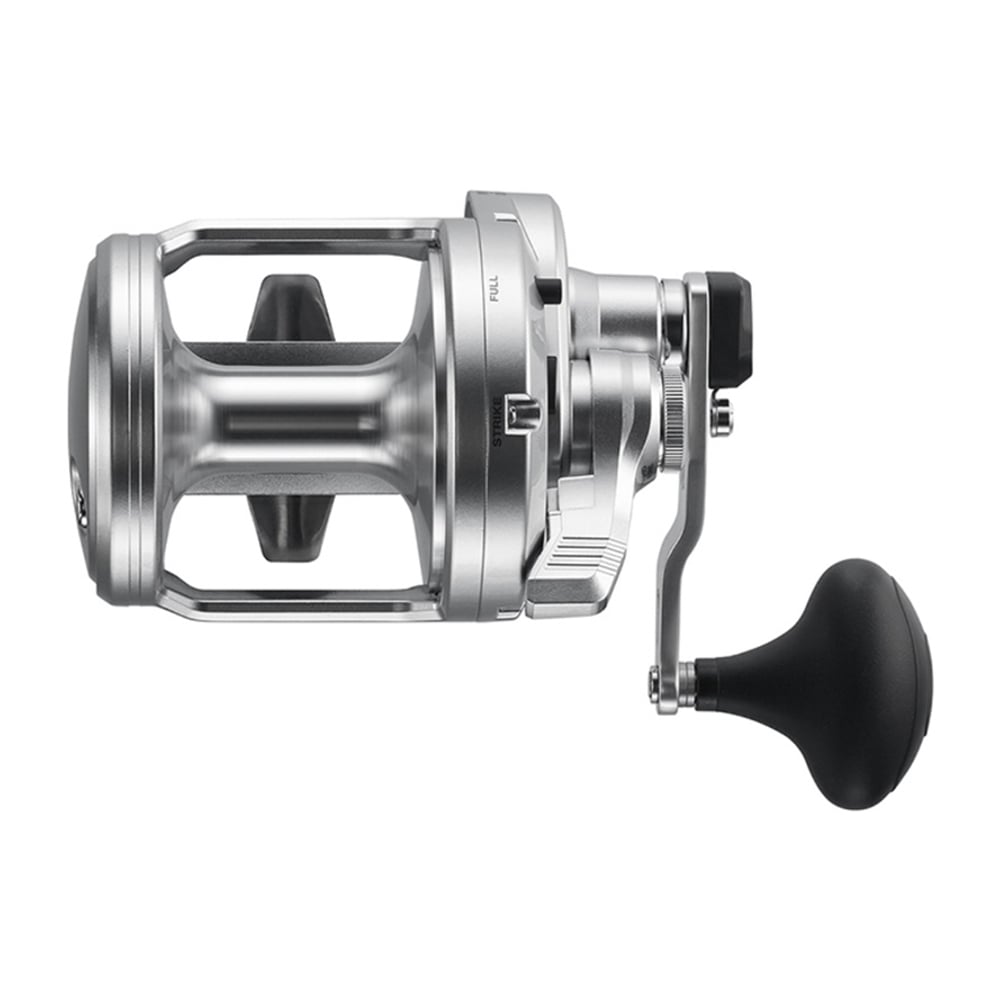 The Shimano SpeedMaster 25II 2 Speed Conventional Reel (SPM25II) features a sleek open-frame design and HAGANE Body. With a cylindrical spool and black handle for precision, it offers versatility with its 5.2:1/2.3:1 mechanism, all against a plain white background exuding modern elegance.