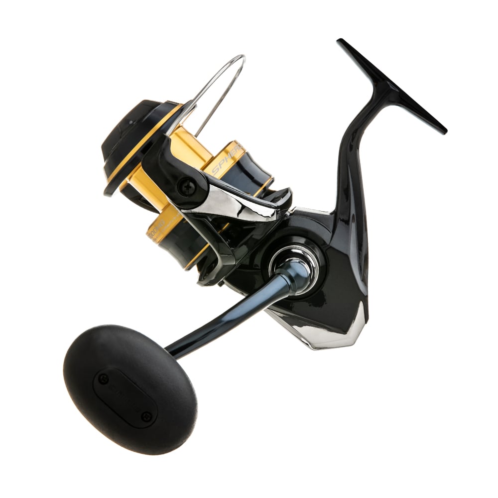 The Shimano Spheros SW 6000HGA spinning reel, with Infinity Drive technology and a modern black and yellow design, features a large handle and metallic spool. Robust for saltwater use, it's ideal for versatile fishing activities.